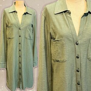 VINTAGE moss green shirt dress button front collar rolled sleeve midi cotton y2k